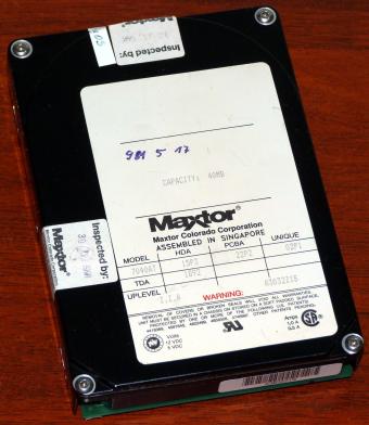Maxtor Model 7040AT IDE 40MB HDD Siegel: Inspected by Maxtor Colorado Corporation 1991
