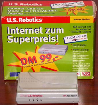 US Robotics 3Com 56K Internet und Fax Modem mit Tiscalinet Zugang V.90/V.92 ready Model-Nr.: 3CP025630A-TISC BZT BVRP inkl. PhoneTools 2.01 & 9V Netzteil OVP 1998
