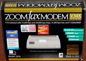 Zoom Fax Modem Model: 2836 V34X plus 33600 Data 14400 Fax with Rockwell, inkl. PaintShopPro SE, EarthLink, 500 Hours Compuserve CDs, USA 1997