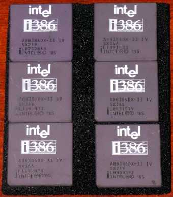 6x Intel i386 DX 33MHz CPUs A80386DX-33 IV sSpec: SX219 & SX366 Malay 1985