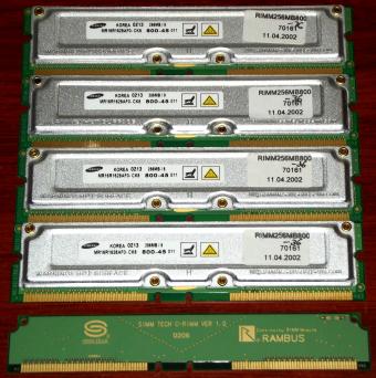 4x Rambus 256MB RIMM 800MHz RDRAM, Samsung MR16R1626AF0-CK8 mit Dummy Modul C-RIMM