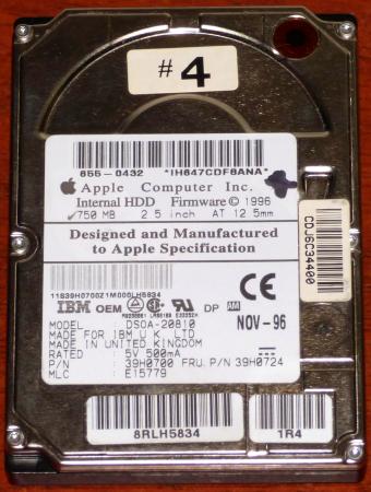 Apple Computer Inc. Internal IDE AT 750MB HDD 2.5 inch 12.5mm IBM Model: DSOA-20810 PN: 39H0700 FRU: 39H0724 Japan 1996