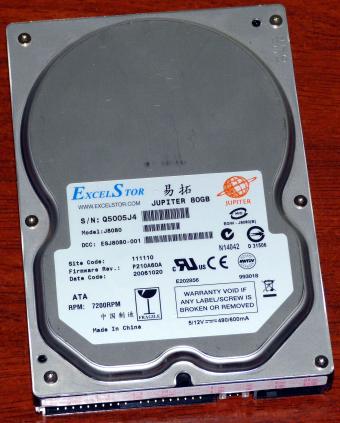 ExcelStor Jupiter IDE 80GB HDD Model J8080 7200RPM Infineon OA29300 Chip 2006