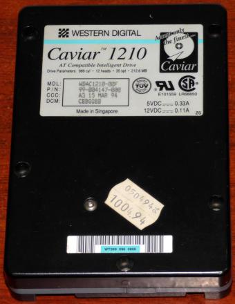 Western Digital Caviar 1210 AT 212.6MB HDD WDAC1210-00F Singapore 1994