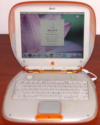 Apple iBook G3 Clamshell (Orange) PowerPC 300MHz CPU, 320MB SDRAM, 6.4GB IBM DARA-206000 HDD, Matshita CR-175 CD-ROM, 4MB ATI RageMobilityL GPU, LAN & USB, Modem, Model-No.: M2453, PowerBook2,1 Boot-ROM 417f4, inkl. 24V Netzteil, 1999