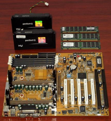 Gigabyte GA-6BXD Rev. 1.5 Mainboard, Dual Pentium II MMX 350MHz CPUs sSpec: SL2WZ, 768MB Actebis & Transcend PC133 SDRAM, Intel i440BX AGPSet, Award Bios 1998