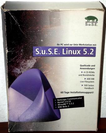 SuSE Linux 5.2 - Kernel 2.0.33, XFree 3.3.2, KDE Beta3, 500S. Handbuch, 4CDs, 1998