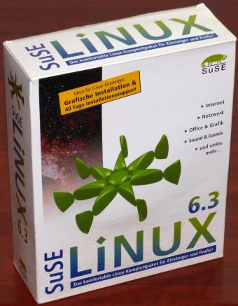 SuSE Linux 6.3 auf 6 CD-ROMs inkl. 550S Handbuch Kernel 2.2.13, KDE 1.1.2, XFree 3.3.5, Gnome 1.0 ISBN 3-930419-94-7 OVP/Bigbox Germany 1999