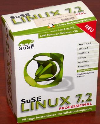SuSE Linux 7.2 Professional 7 CDs & 1 DVD Kernel 2.4.4, KDE 2.1.2, Gnome 1.4 inkl. 5 Handbücher, Aufkleber & Sticker Germany Juni 2001