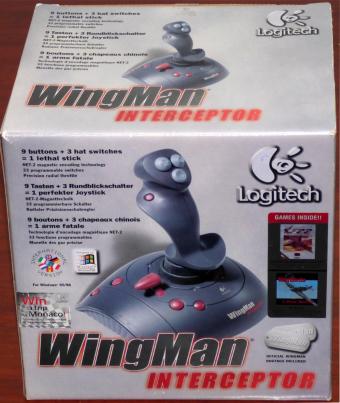 Logitech WingMan Interceptor 9-Tasten & 3 Rundblickschalter Joystick Gameport inkl. Treiber-CD OVP 1998
